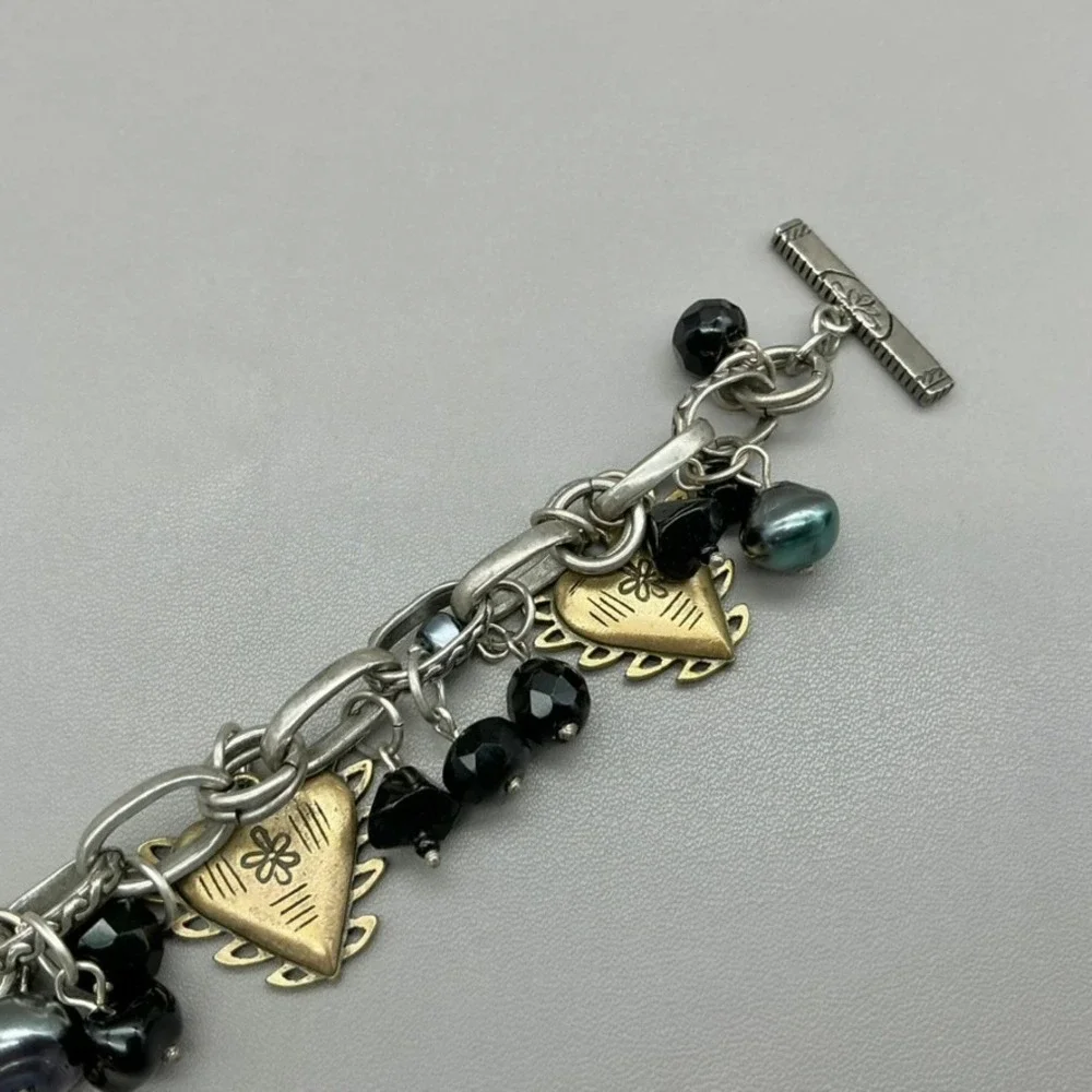 Chicos Bracelet Womens Silver Tone Gold Tone Heart Charm Black Bead 8 Inch